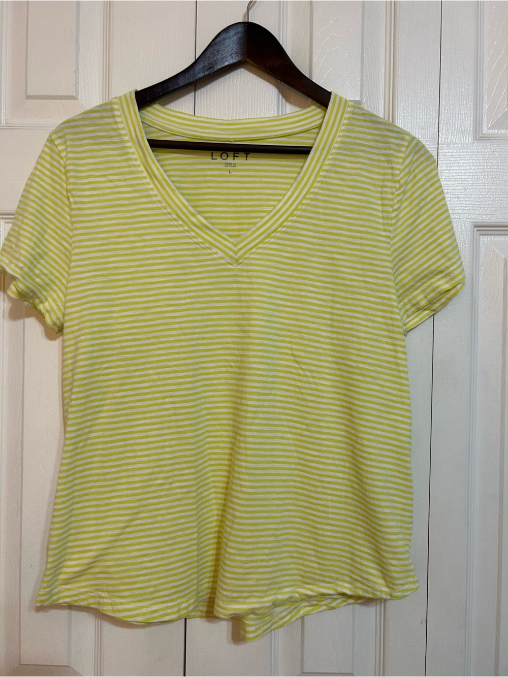 LOFT Yellow and White Striped V-Neck Short Sleeve Tee